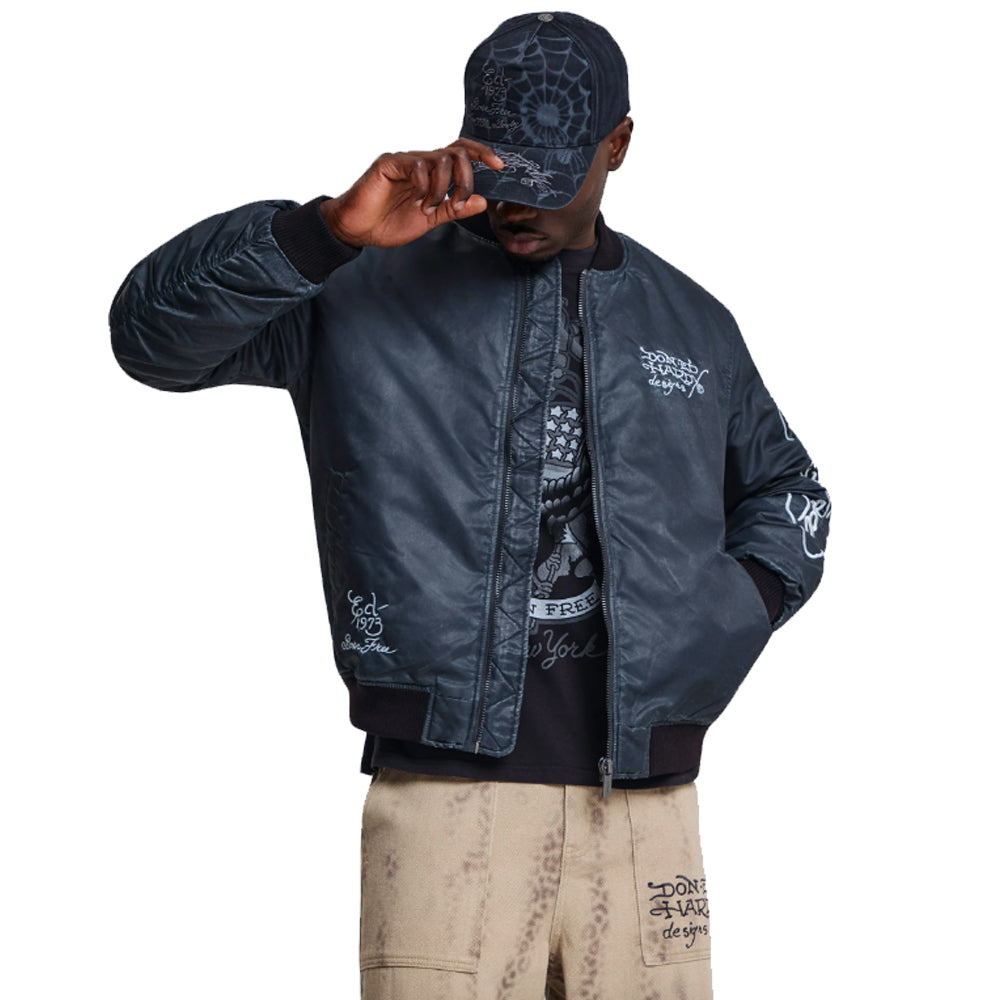 Washed Black Widow Relaxed Varsity Bomber Jacket  - Black