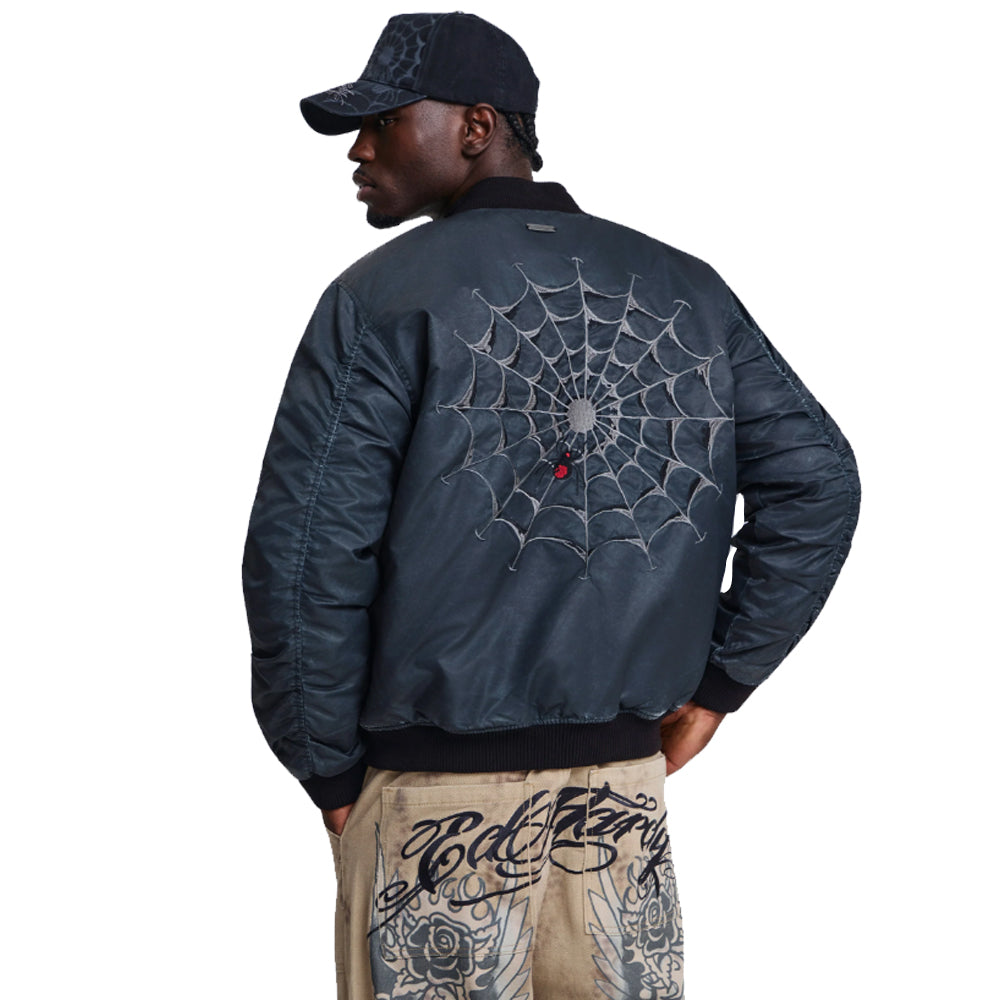 Washed Black Widow Relaxed Varsity Bomber Jacket  - Black