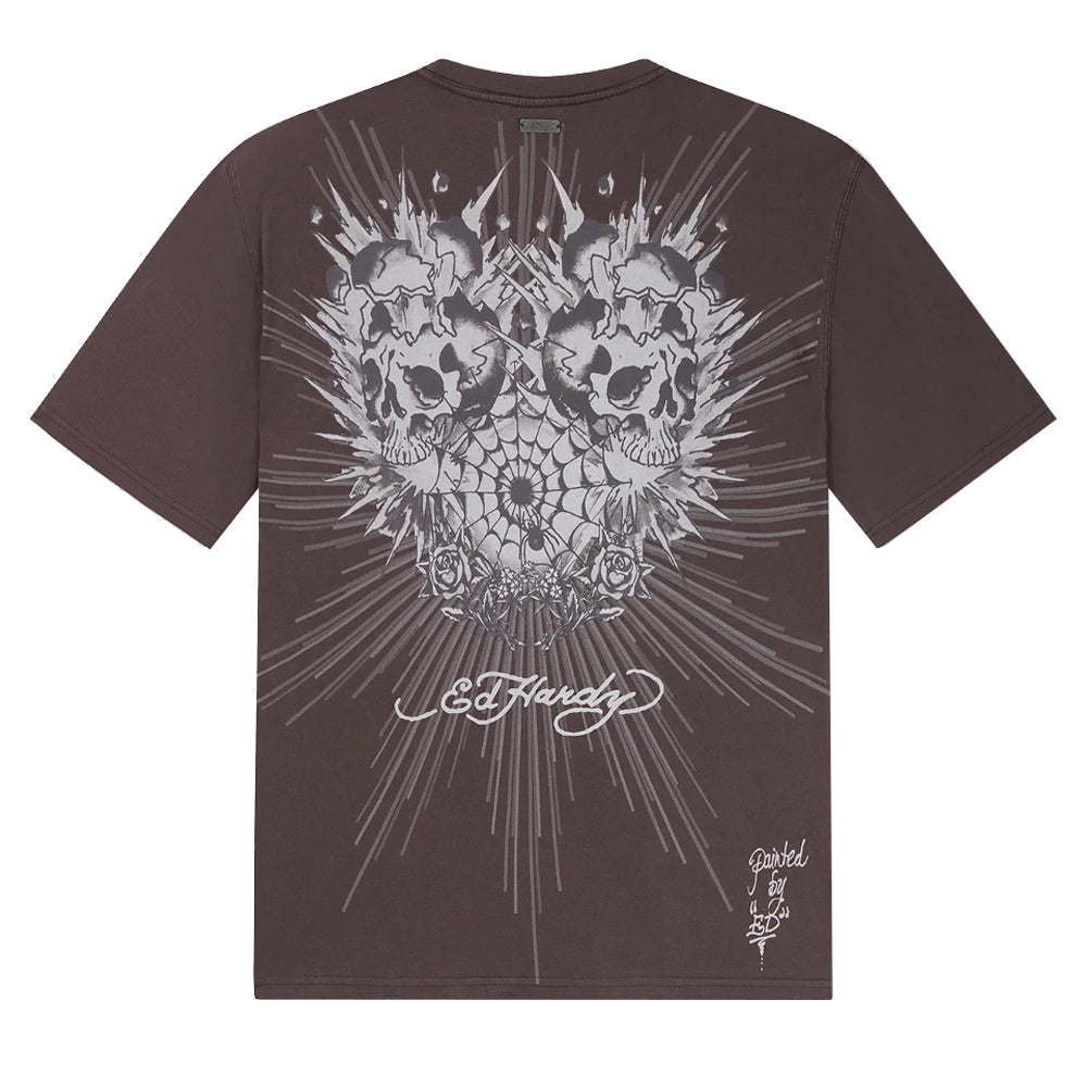 Webbed Skulled Graphic Relaxed T-Shirt - Brown