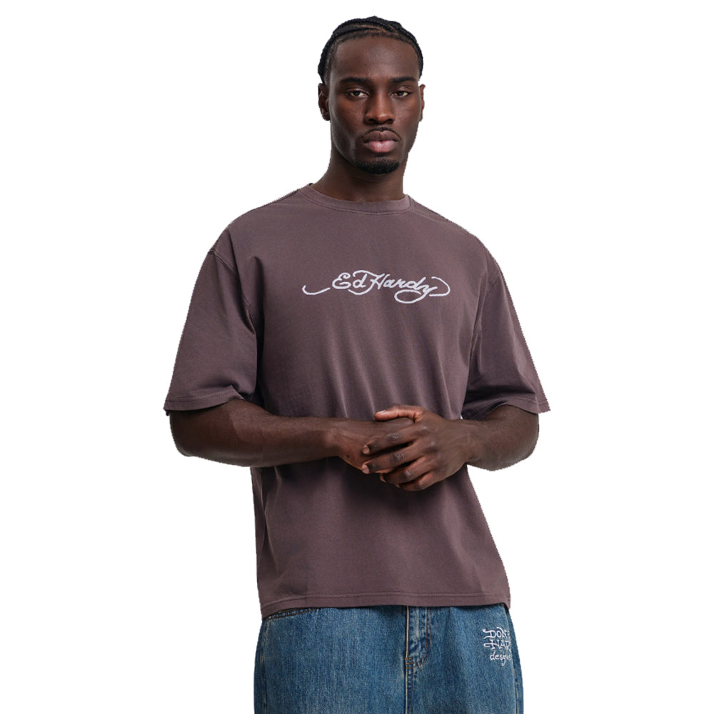 Webbed Skulled Graphic Relaxed T-Shirt - Brown