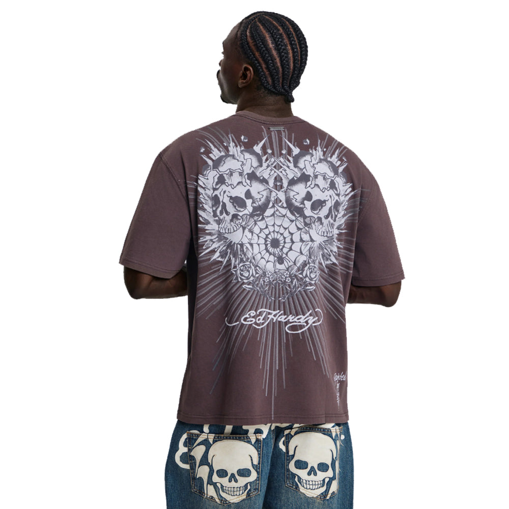 Webbed Skulled Graphic Relaxed T-Shirt - Brown